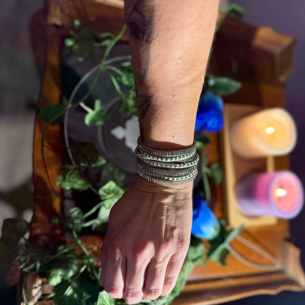 Green Leather Bracelet with bright sparkling rhinestones